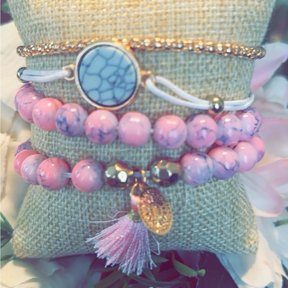 Pink and Gold Beaded Bracelet Set